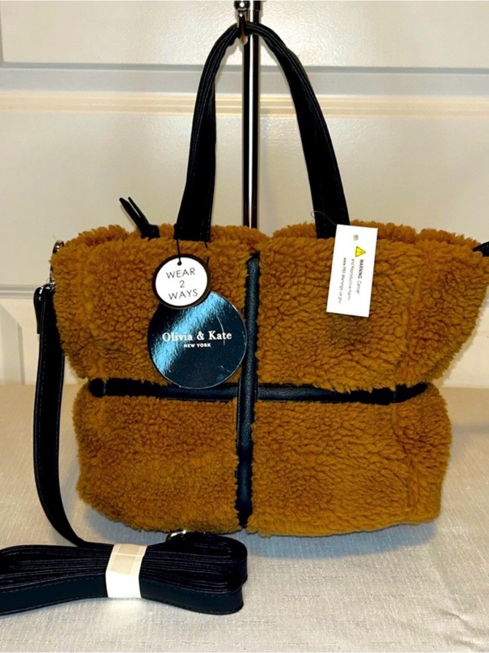 Olivia & Kate Cognac Sherpa Two Way Handbag/Crossbody NWT